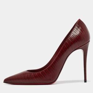 Pre Owned Christian Louboutin Dark Red Lizard Embossed Leather Kate Pumps Size 38