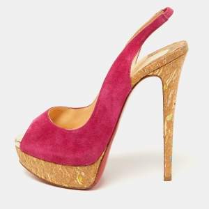 Christian Louboutin Pink Suede Lady Peep Slingback Pumps Size 38.5