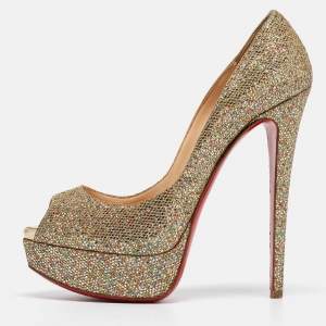 Christian Louboutin Gold Glitter Lady Peep Toe Pumps Size 36.5