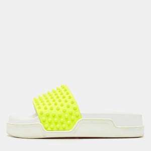 Christian Louboutin Neon Yellow Leather Spikes Pool Fun Flat Slides Size 40