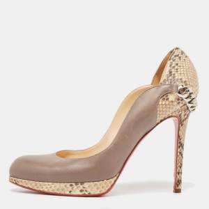 Pre Owned Christian Louboutin Grey/Beige Leather and Python Chain Link Detail Platform Pumps Size 40.5