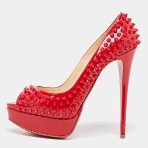 Christian Louboutin Red Patent Leather Lady Peep Spikes Pumps Size 38