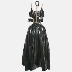 Christopher Kane Black Faux Leather Cut-Out Strap Detail Maxi Dress S 