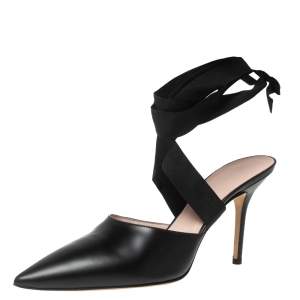 Christopher Kane Black Leather Pointed Toe Ankle Wrap Mule Sandals Size 39.5