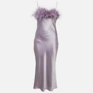 Cinq à Sept Purple Satin Silk Ostrich Feather Detail Cerise Slip Dress M