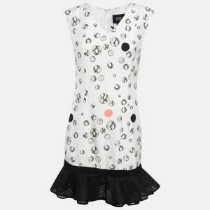 Class by Roberto Cavalli White Printed Crepe Tulle Ruffle Hem Detail Mini Dress M