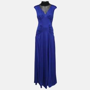 Class by Roberto Cavalli Blue Tulle Trim Jersey Ruched Maxi Dress M