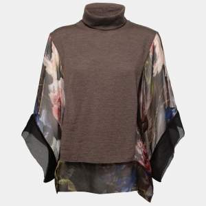 Class by Roberto Cavalli Brown Knit & Floral Silk High Neck Poncho Top L