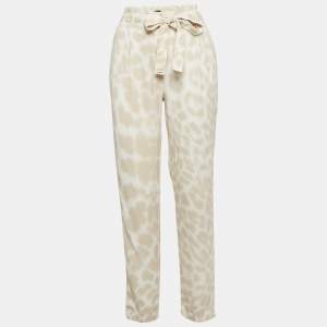 Class by Roberto Cavalli Beige/White Printed Crepe Belted Pants S