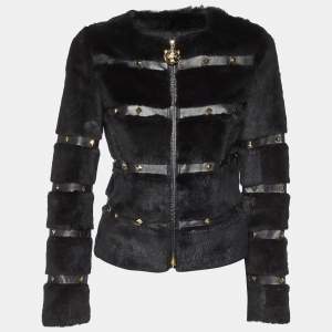 Class by Roberto Cavalli Black Fur & Faux Leather Studded Jacket M