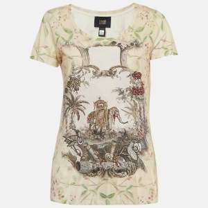 Class by Roberto Cavalli Beige Printed Jersey Beads Embellished T-Shirt M