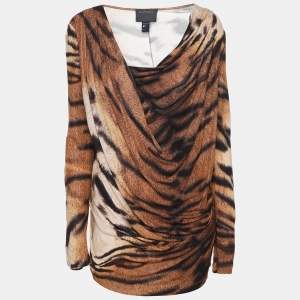 Class by Roberto Cavalli Beige Animal Print Knit Draped Top M