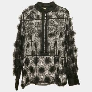 Class by Roberto Cavalli Black Organza Floral Applique and Cut-Out Sheer Blouse M