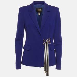 Pre Owned Cavalli Class Blue Stretch Knit Faux Belt Blazer M