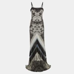 Pre Owned Class by Roberto Cavalli Monochrome Printed Jersey Fringed Maxi Dress M