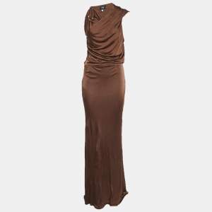 مملوكة مسبقًا Cavalli Class Brown Jersey Drape Detail Maxi Dress M