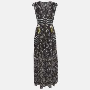 Pre Owned Class by Roberto Cavalli Black Mesh Floral Print Fringed Maxi Dress M