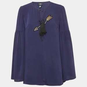 Pre Owned Class by Roberto Cavalli Navy Blue Chiffon Embellished Lace Up Top M