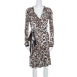 Class by Roberto Cavalli White Leopard Printed Knit Long Sleeve Wrap Dress M