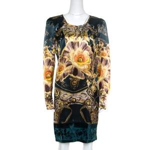 Class by Roberto Cavalli Green Floral Printed Satin Burnout Velvet Trim Detail Dress L