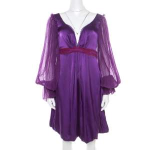 Class by Roberto Cavalli Purple Satin Embroidered Waist Detail Plunge Neck Dress M
