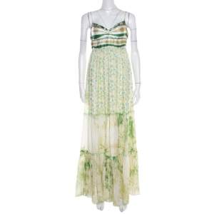 Class by Roberto Cavalli Green and White Printed Ruffled Detail Sleeveless Maxi Dress M