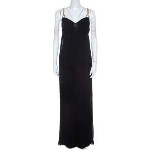 Class By Roberto Cavalli Black Pleated Chiffon Gold Chain Strap Detail Maxi Dress M 
