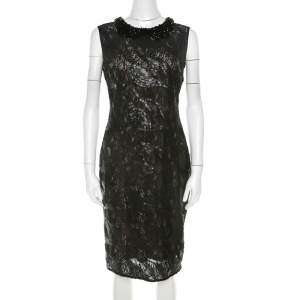 Class by Roberto Cavalli Black Sequined Lace and Beaded Collar Detail Dress M