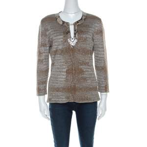 Class by Roberto Cavalli Brown & Grey Snake Pattern Snakeskin Neck Detail Knit Top L