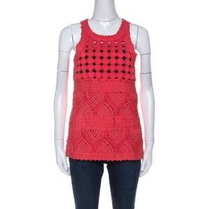 Cavalli Class Coral Red Cord Lace Embroidered Sleeveless Top M