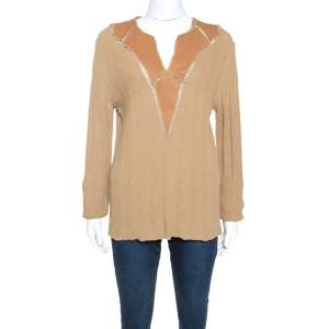 Class by Roberto Cavalli Tan Rib Knit Leather Trim Top XXL