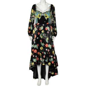 Pre Owned Cavalli Class Black Floral Printed Sateen And Crepe Paneled Ruffled Hem Gown M