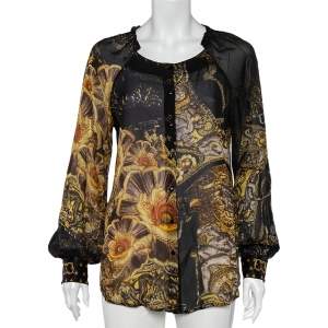 Class by Roberto Cavalli Black Printed Silk Ruffled Neck Button Front Top M 