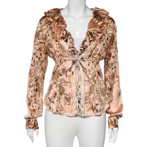 Pre Owned Class by Roberto Cavalli Pink Floral Printed Silk Satin Ruffled Neck Shrug L