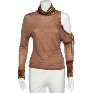 Class by Roberto Cavalli Brown Wool Knit Contrast Trim Cold Shoulder Detail Top M
