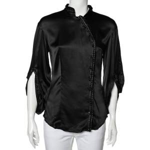 Class by Roberto Cavalli Black Silk Satin Button Front Top M