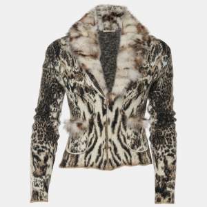 Class By Roberto Cavalli Brown Intarsia Knit & Fur Trimmed Cardigan M
