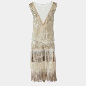 Class by Roberto Cavalli Gold Devore Fringe Detail Belted Sleeveless Dress L