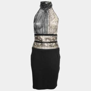Class by Roberto Cavalli Black Printed Chiffon Halterneck Midi Dress M