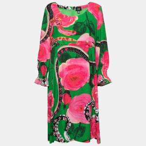 Class by Roberto Cavalli Green Floral Printed Textured Long Sleeve Dress L