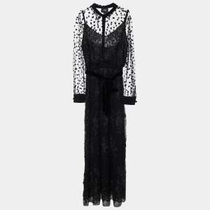 Cavalli Class Black Lace & Tulle Mock Neck Belted Maxi Dress XL