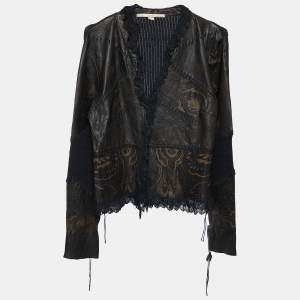 Class by Roberto Cavalli Brown Leather & Knit Ruffled Jacket L
