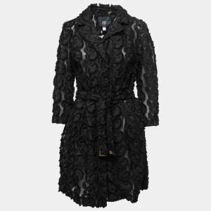 Class by Roberto Cavalli Black Floral Embroidered Organza Belted Coat L