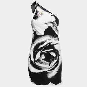 Class by Roberto Cavalli Black/White Printed Crepe One Shoulder Mini Dress S