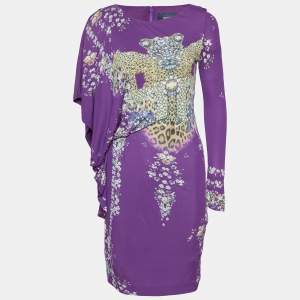 Cavalli Class Purple Floral Printed Jersey Draped Mini Dress S