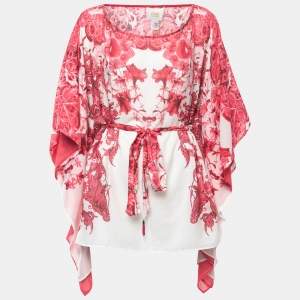 Class by Roberto Cavalli White/Pink Floral Print Cotton Blend Belted Kaftan Top S