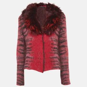 Class by Roberto Cavalli Red Animal Pattern Fur Trim Collar Jacket M