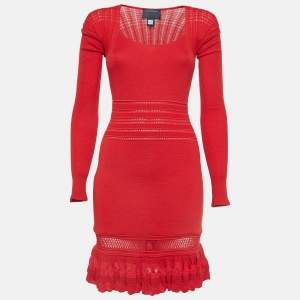 Class by Roberto Cavalli Red Patterned Knit Flounce Midi Dress M