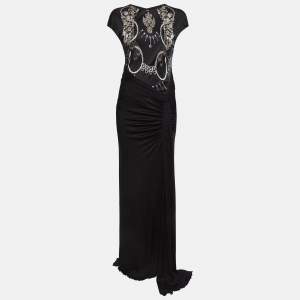 Class by Roberto Cavalli Black Printed Jersey Ruched Sleeveless Maxi Dress M