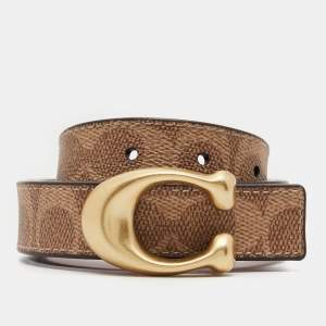 Coach Brown Signature Coated Canvas and Leather Reversible Sculpted C Buckle Cut To Size Belt